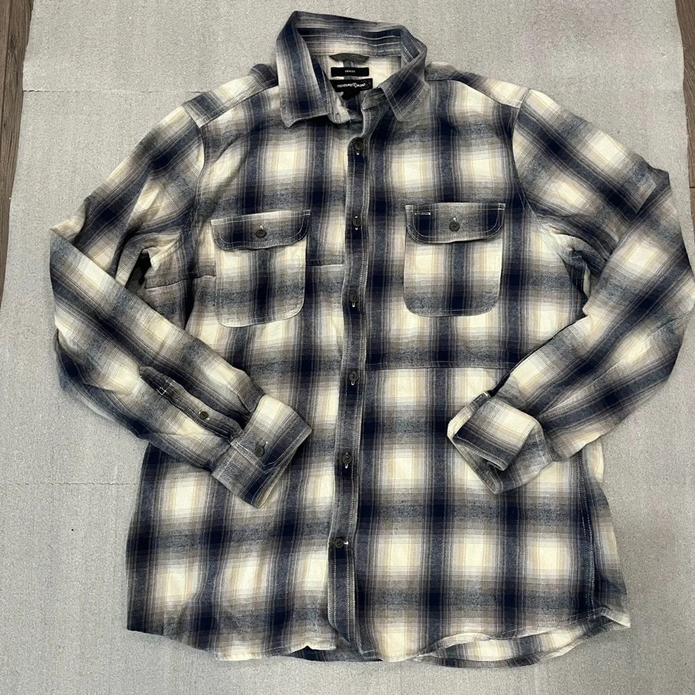 [L] Treasure&Bond Trim Fit Blue Gray Plaid Cotton LS Button Shirt